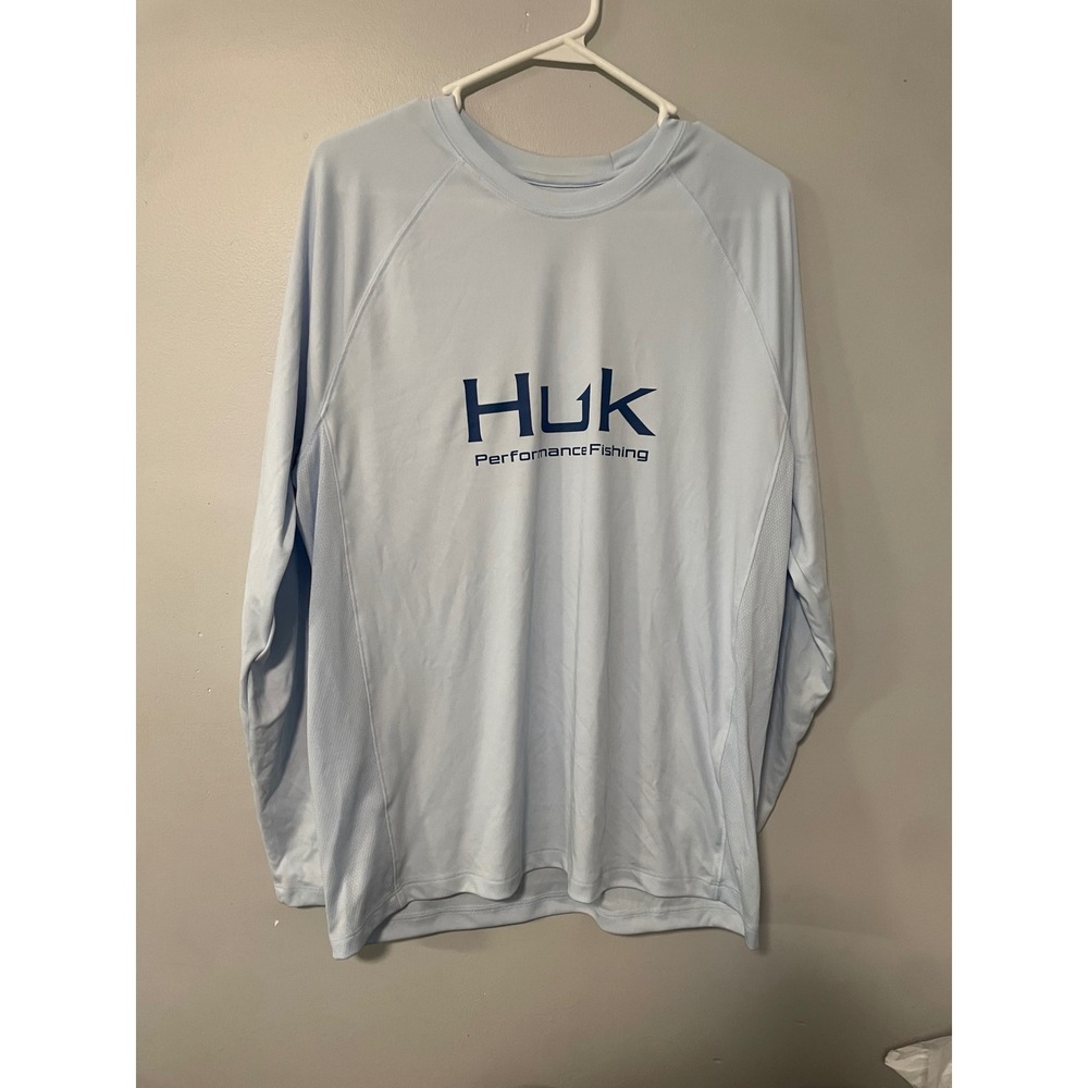 Huk Pursuit Performance Fishing Shirt Womens Medium Light Blue Long Sleeve Logo